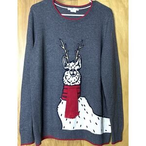 Boden XL Intarsia Gry Red Fringe Scarf 3D Metallic Gold Llama LS Wool Cashmere